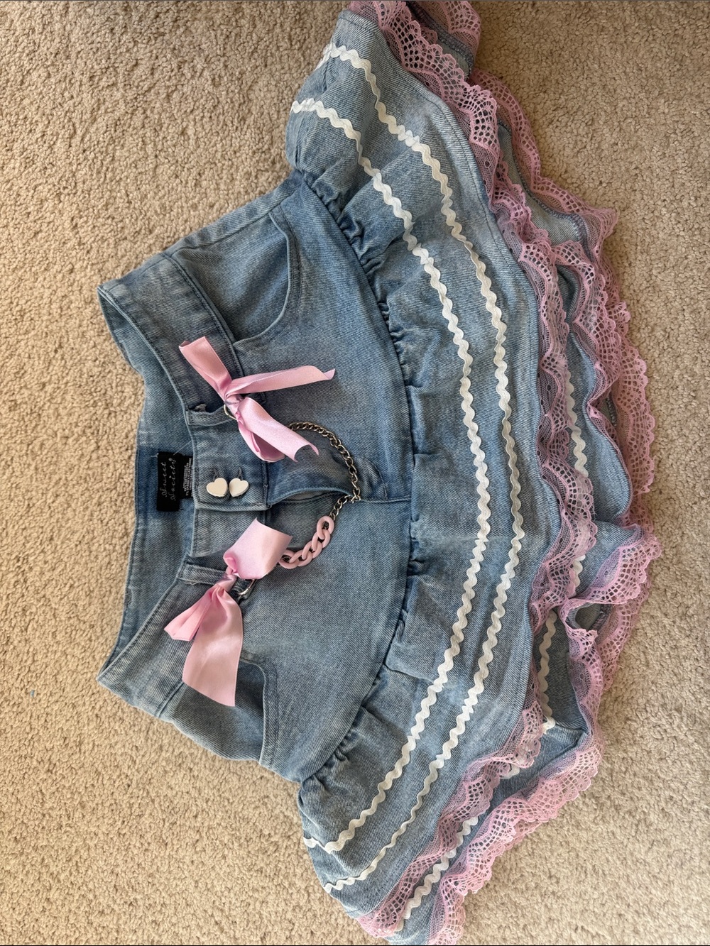 Girls' Denim Ruffle Skirt with Pink Trim
